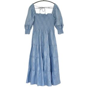 Hill House Nesli Nap Midi Dress Light Blue Metallic Shimmer Size Medium Smocked